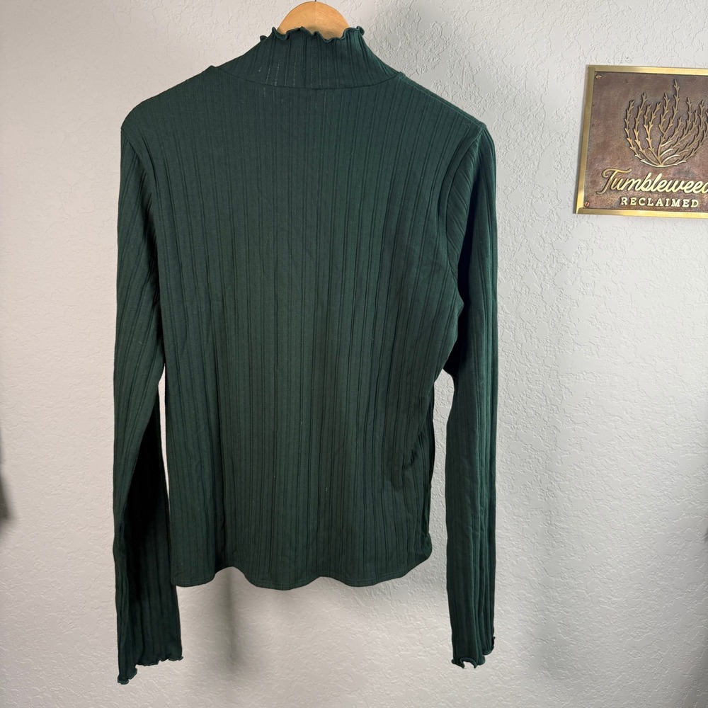 J.Crew Womens Forest Green Ribbed Mock Neck Lettuce Edge Long Sleeve Top Size L - Picture 7 of 9